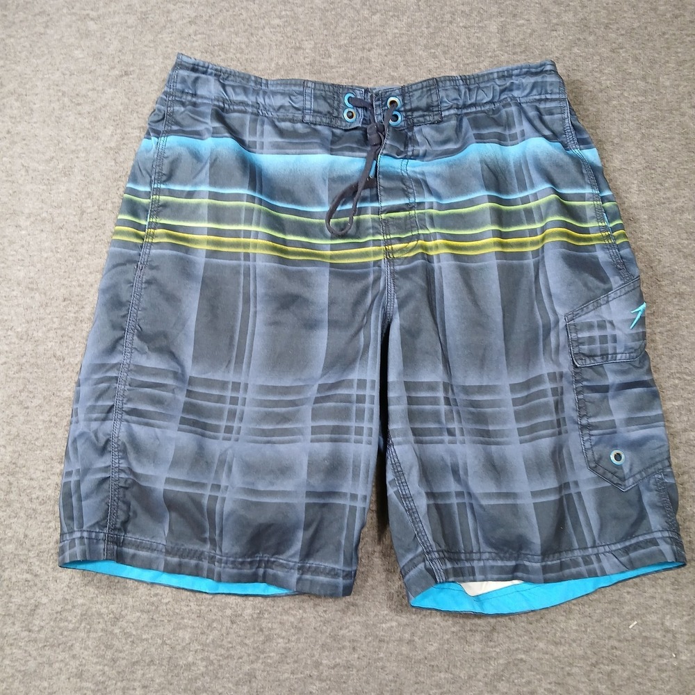 Speedo Board Shorts Mens Large Blue Plaid Striped Mesh Lined Cargo Pocket EUC